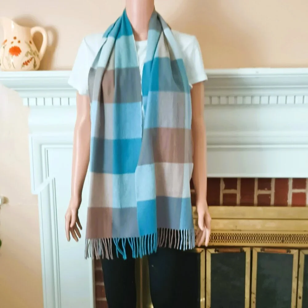 Blue Plaid Cashmere Scarf 72x12 Unisex Rectangle Fringe Made in Hong Kong